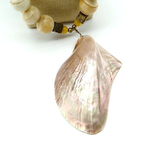 Artisan 4" MOP Shell Brass & Faux Bone Statement Necklace - Picture 3 of 15